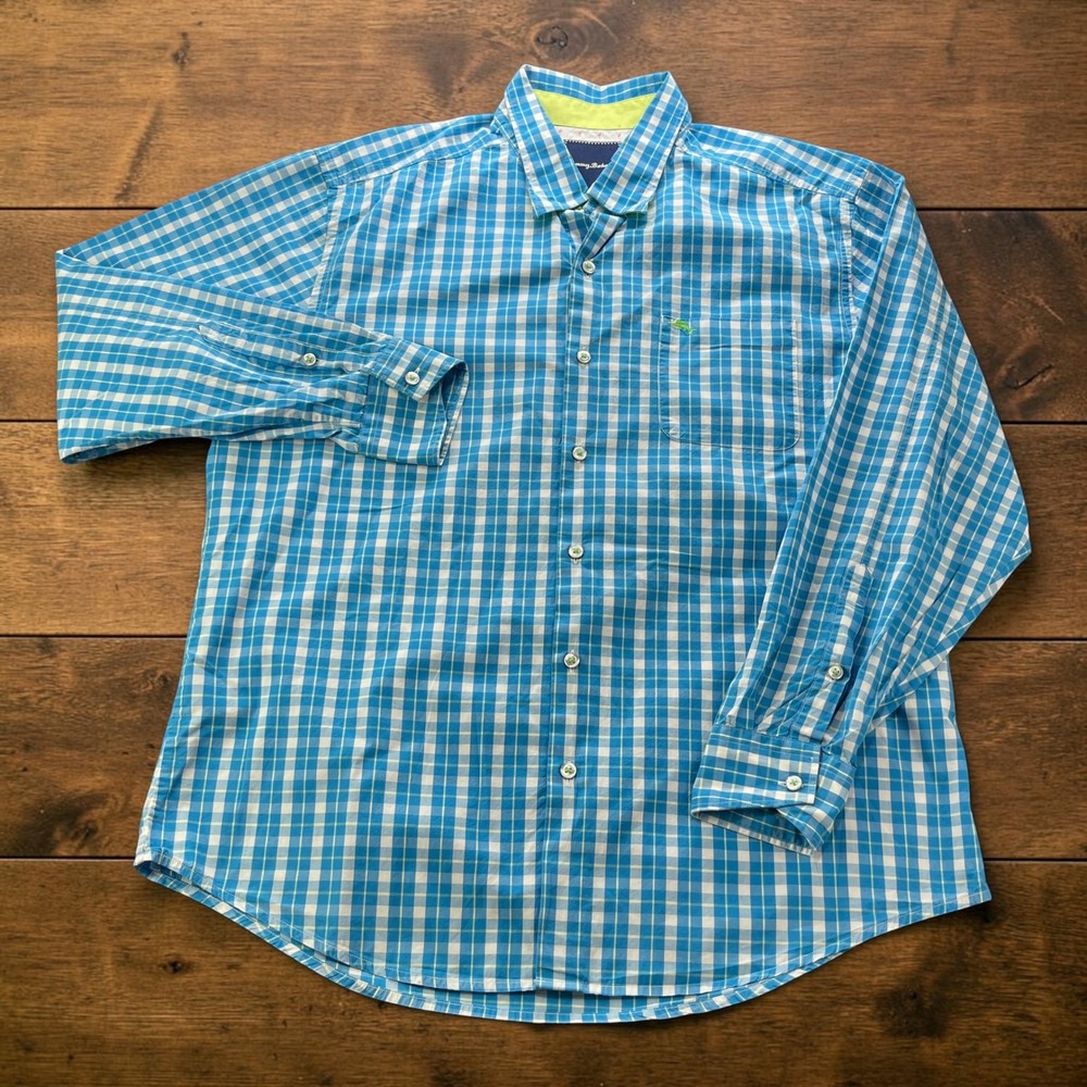 Tommy Bahama Mens Blue Gingham Pima Cotton Long Sleeve Button Down Shirt Large